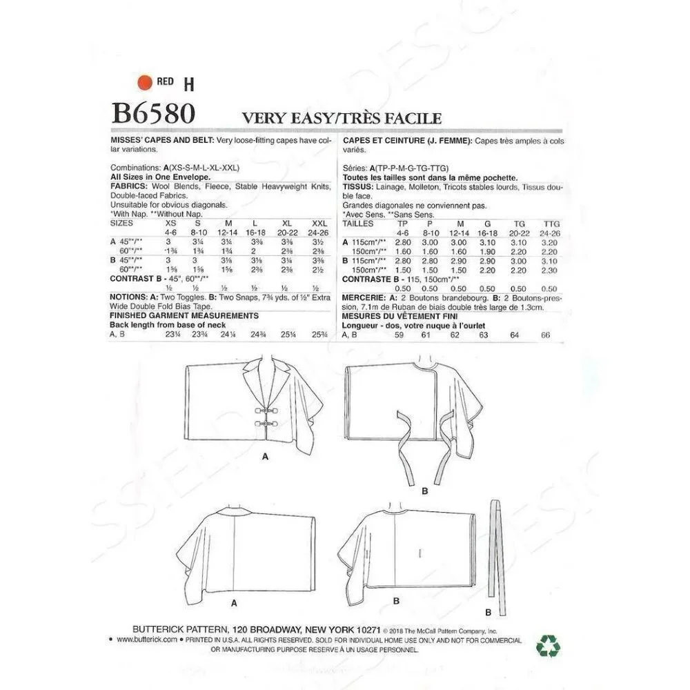 Butterick See & Sew‎ Sewing Pattern 6580 Womens Capes and Belt Size XS-XXL